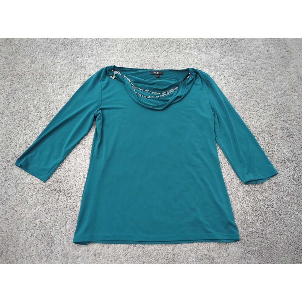 Vintage AGB Blouse Womens Large Teal 3/4 Sleeve Chain Draped‎ Neck Made in USA